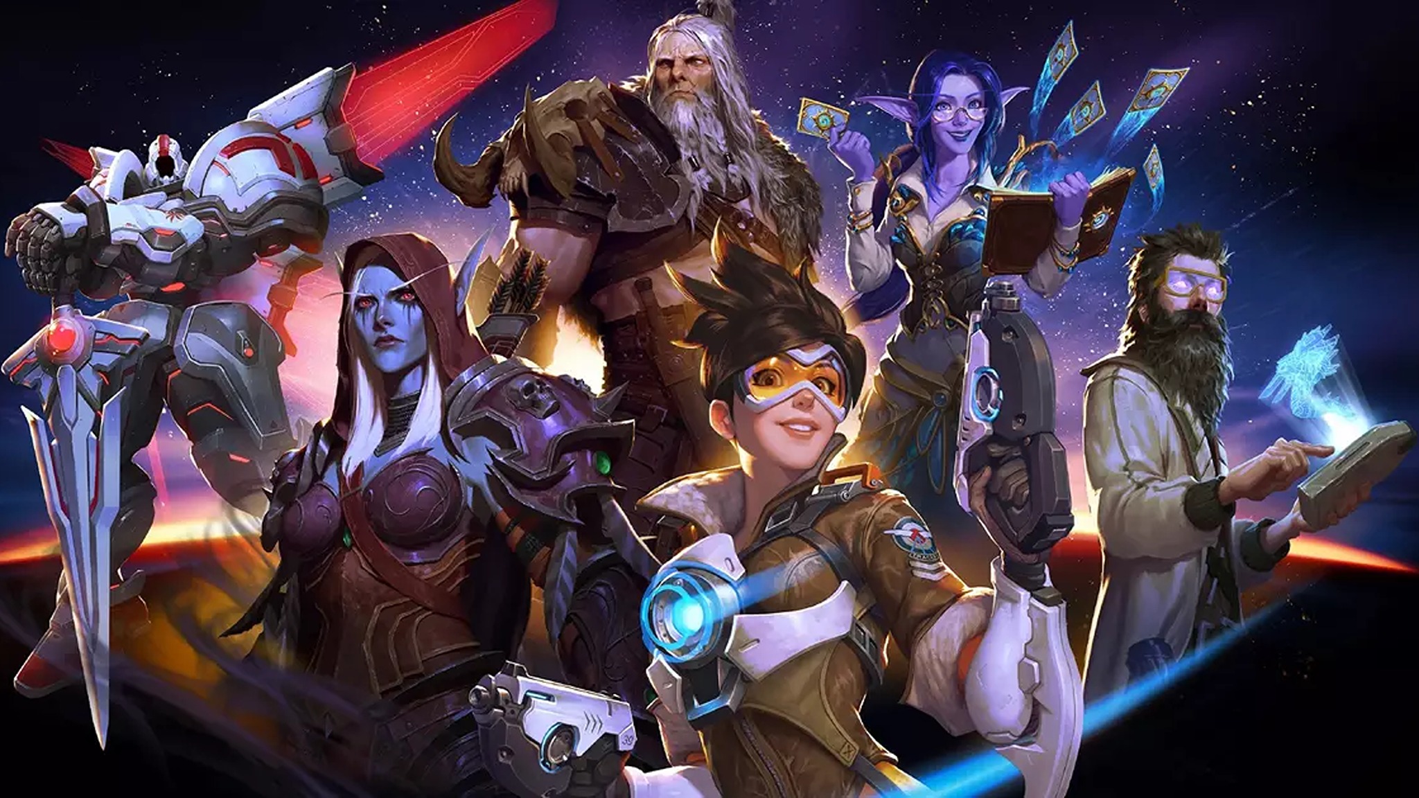 Promotional artwork featuring several of heroes from Blizzard Entertainment's games.