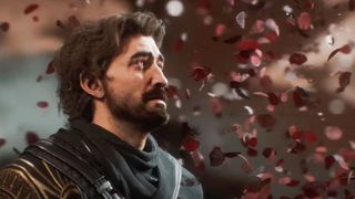 Screenshot from Clair Obscur: Expedition 33 showing Gustave looking up at blowing flowers.