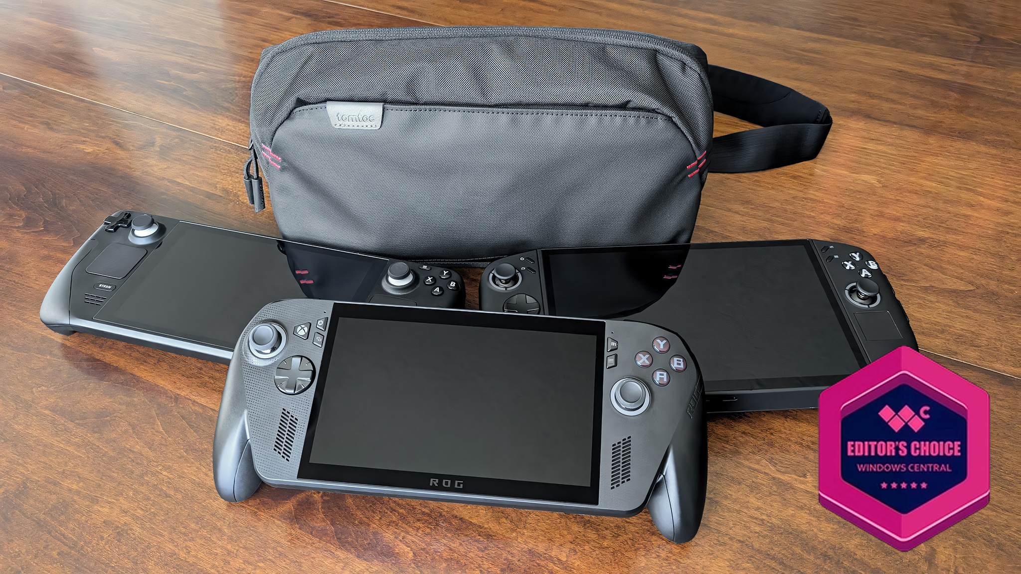 Tomtoc Arccos G-47 bag with Xbox Ally X, Steam Deck, and Legion Go 2.